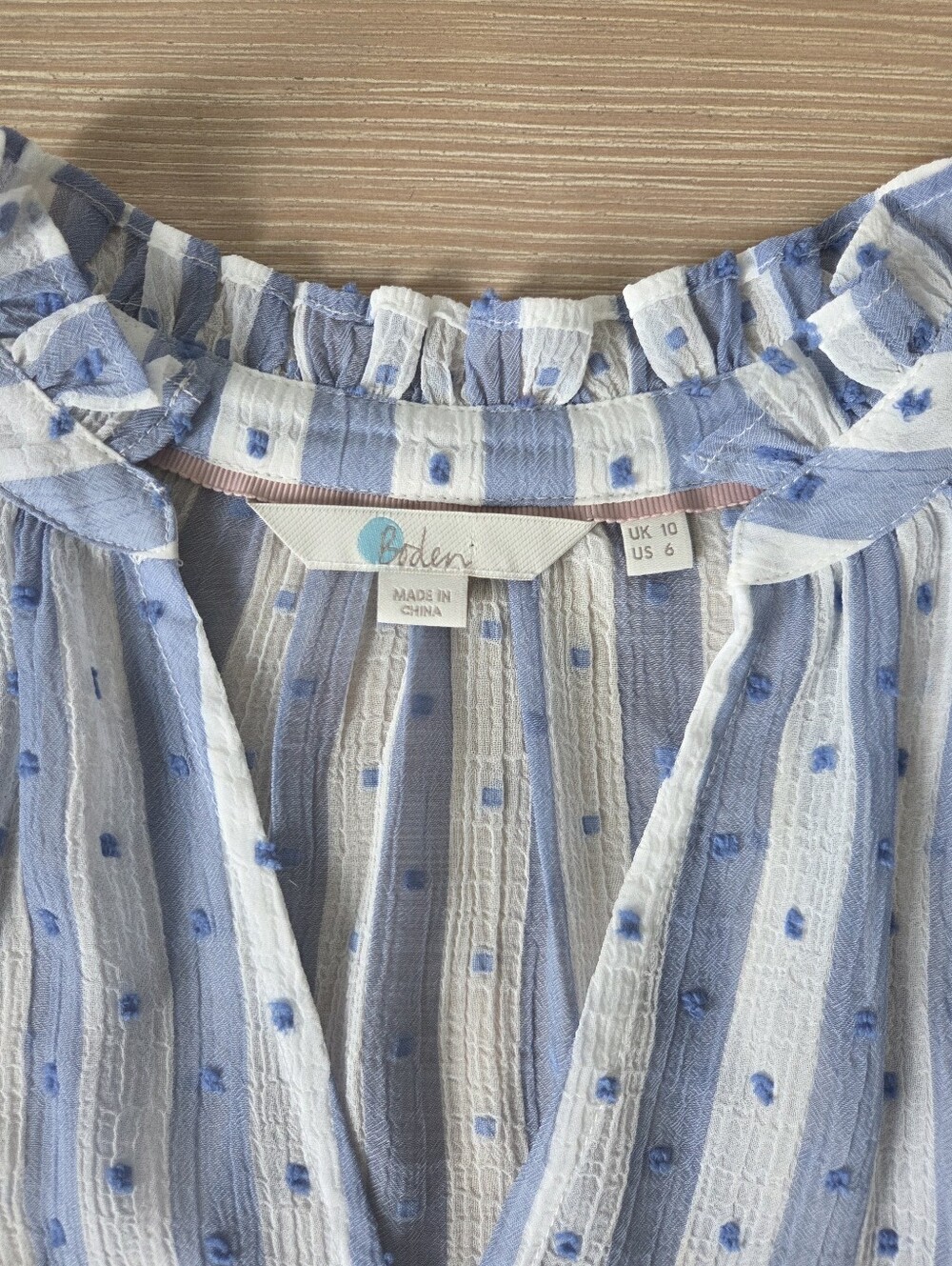 Boden Edith Blouse Blue White Stripe Ruffle Neck Womens Size 6 - Picture 6 of 10